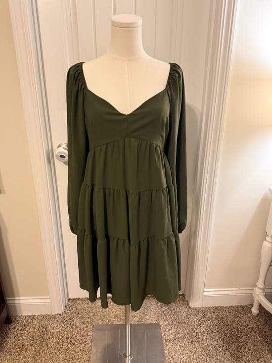 Altar'd State Dresses & Skirts - Altar'd State Olive Green Tiered Long-Sleeve Babydoll Dress